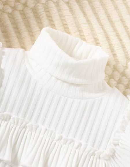 Pearl Detail Ruffle Top & Bow Denim Skirt Set