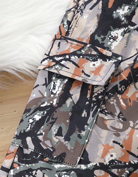 Black Crop Hoodie & Abstract Camo Cargo Set