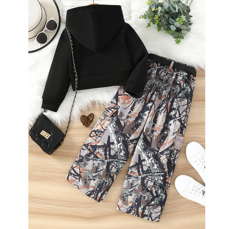 Black Crop Hoodie & Abstract Camo Cargo Set