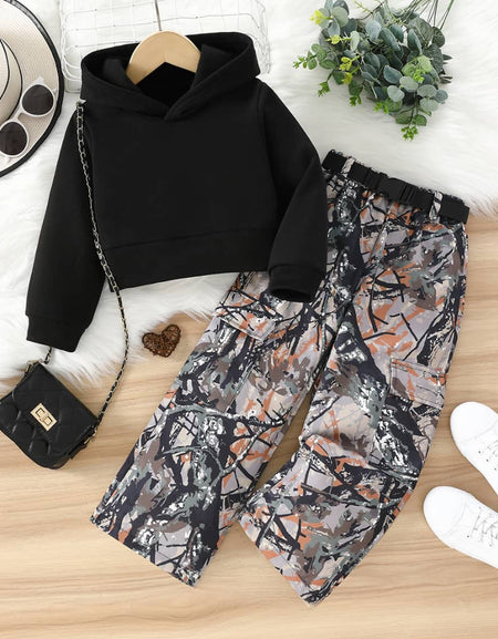 Black Crop Hoodie & Abstract Camo Cargo Set