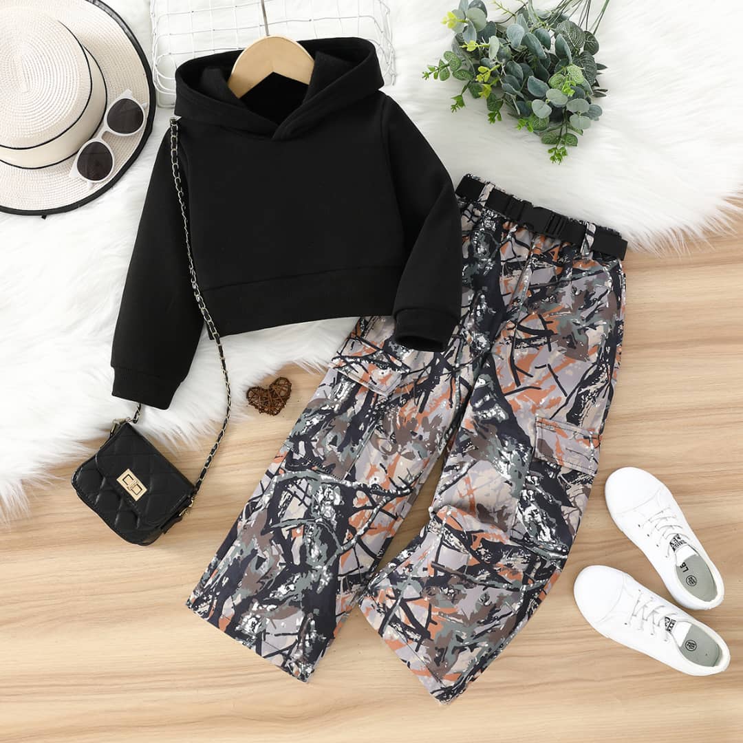 Black Crop Hoodie & Abstract Camo Cargo Set