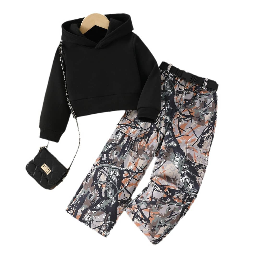 Black Crop Hoodie & Abstract Camo Cargo Set