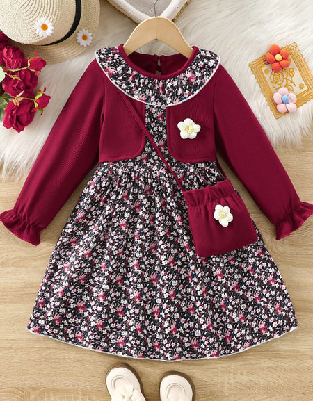 Burgundy Floral Girls' Dress with Matching Purse