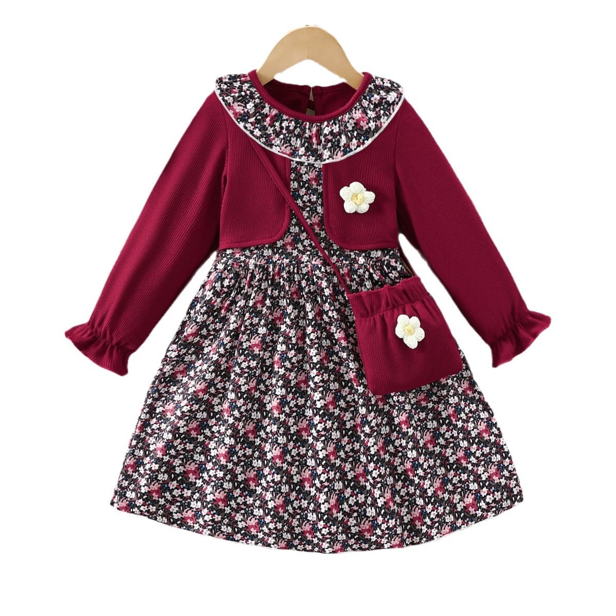 Burgundy Floral Girls' Dress with Matching Purse