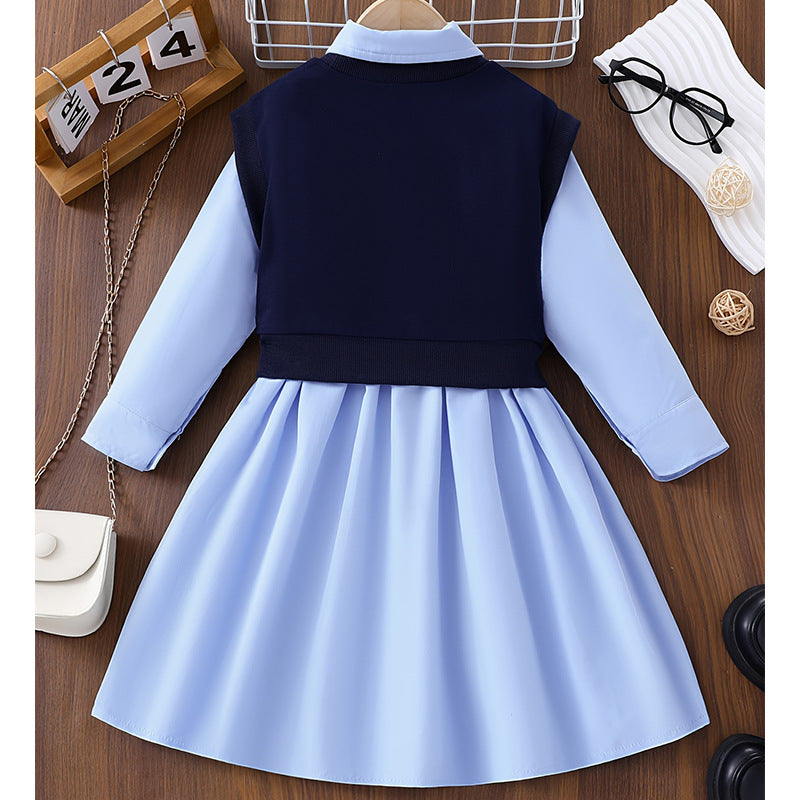 Layered Blue Heart Patch Vest and Shirt Dress