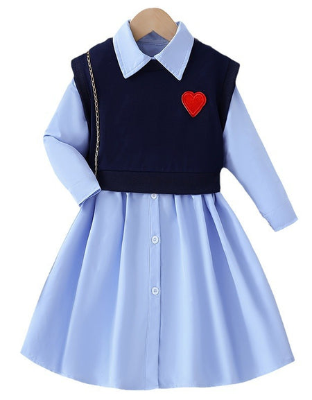 Layered Blue Heart Patch Vest and Shirt Dress