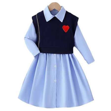 Layered Blue Heart Patch Vest and Shirt Dress