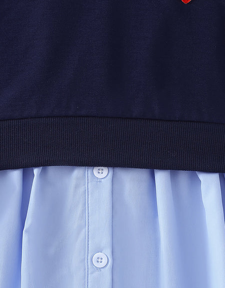 Layered Blue Heart Patch Vest and Shirt Dress