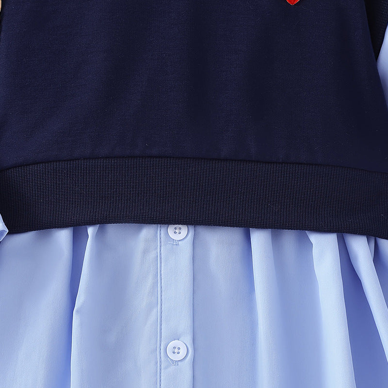 Layered Blue Heart Patch Vest and Shirt Dress