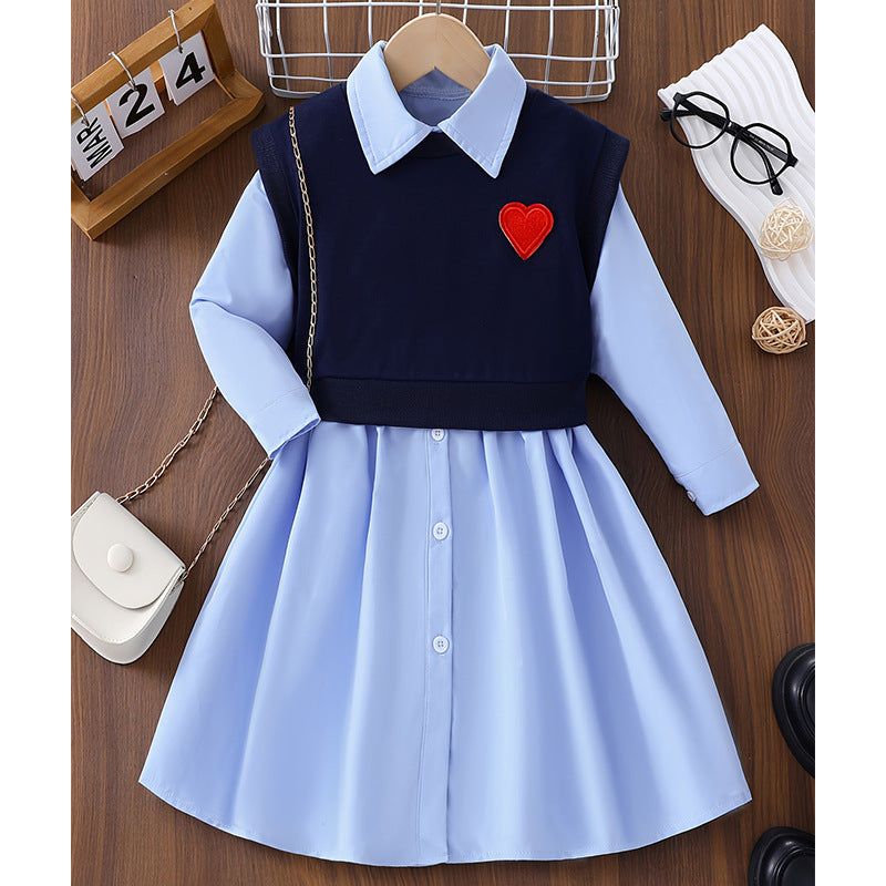 Layered Blue Heart Patch Vest and Shirt Dress