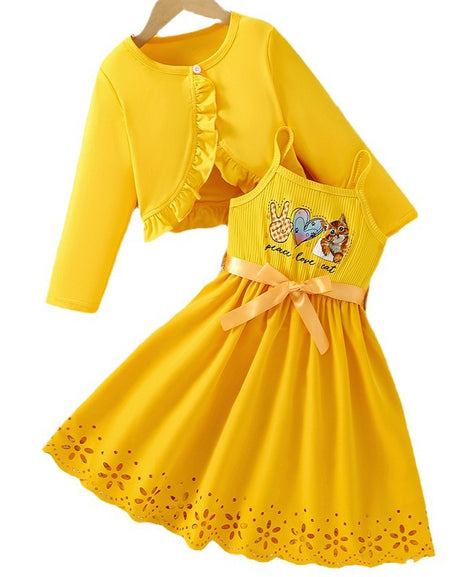 Lasercut Hem Dress Set with Ruffle Cardigan