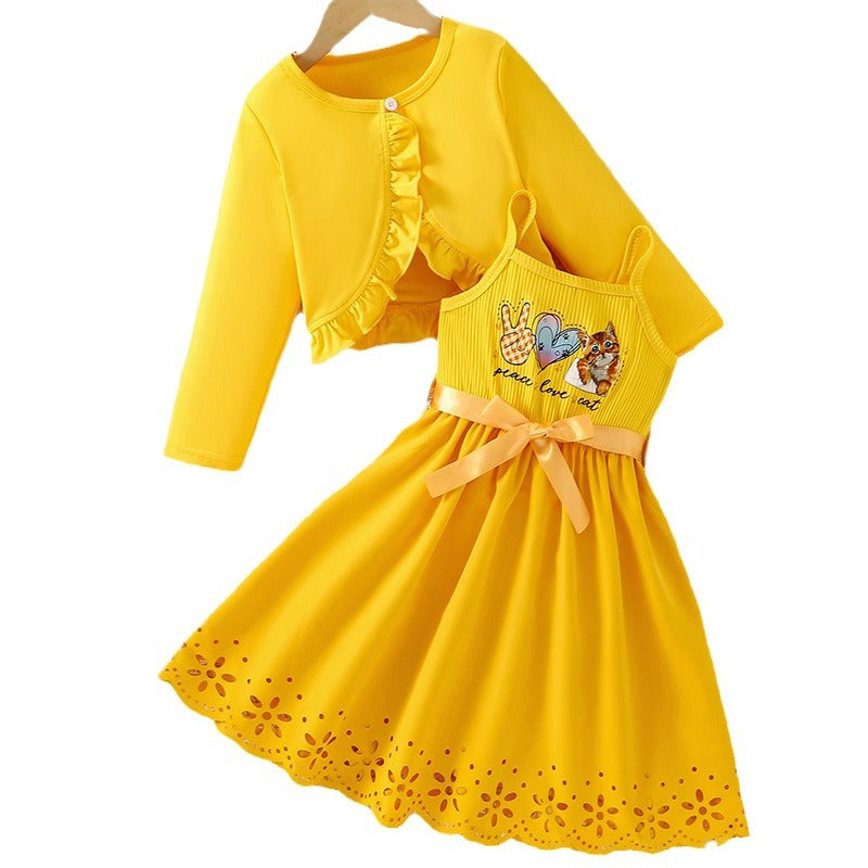 Lasercut Hem Dress Set with Ruffle Cardigan