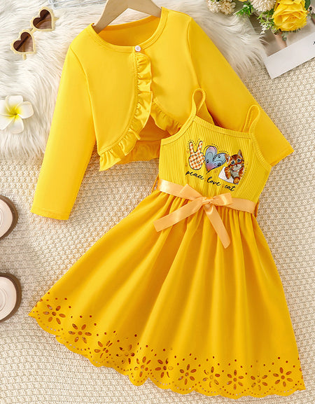 Lasercut Hem Dress Set with Ruffle Cardigan