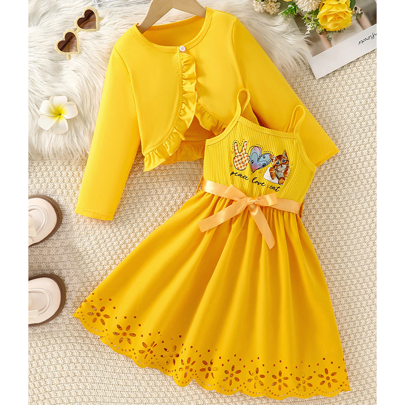 Lasercut Hem Dress Set with Ruffle Cardigan