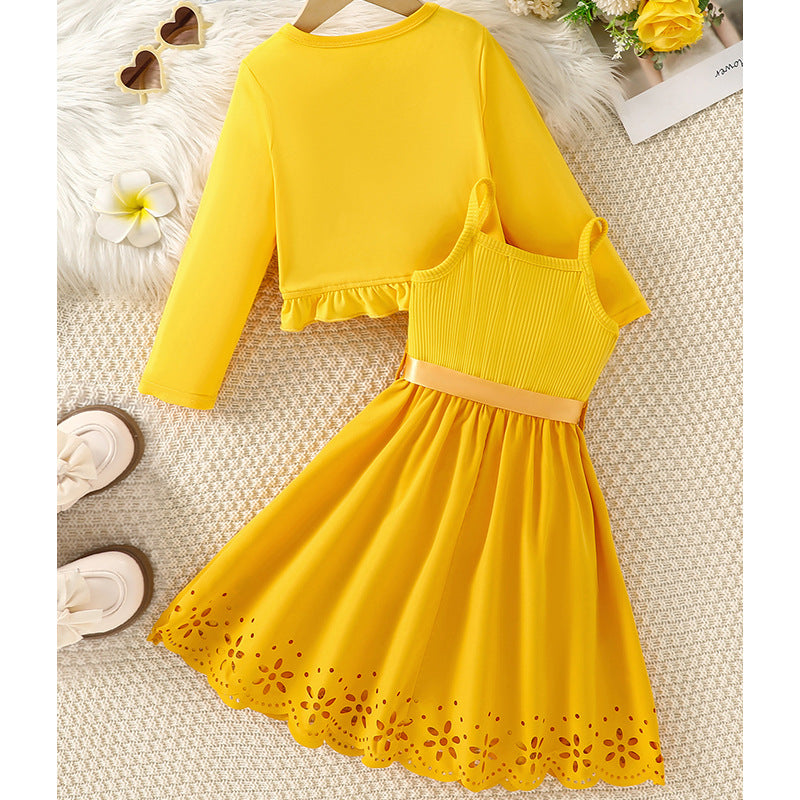 Lasercut Hem Dress Set with Ruffle Cardigan