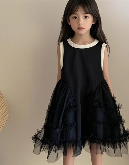 Midnight Ruffles Sleeveless Tulle Vest Dress with Cream Trim