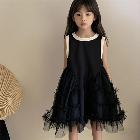 Midnight Ruffles Sleeveless Tulle Vest Dress with Cream Trim