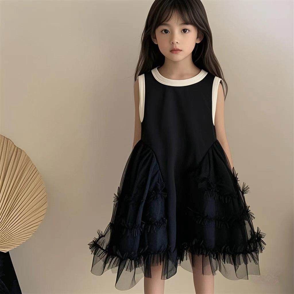 Midnight Ruffles Sleeveless Tulle Vest Dress with Cream Trim