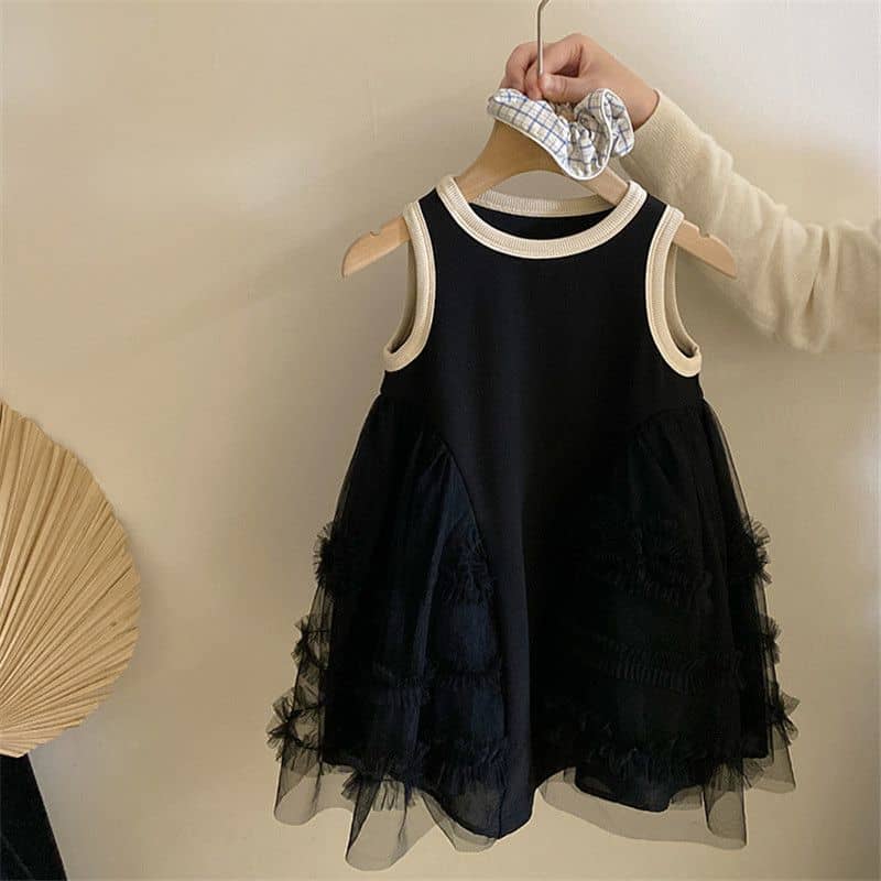 Midnight Ruffles Sleeveless Tulle Vest Dress with Cream Trim