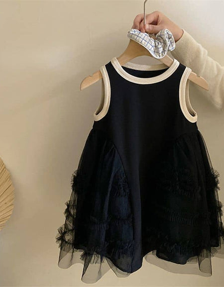 Midnight Ruffles Sleeveless Tulle Vest Dress with Cream Trim