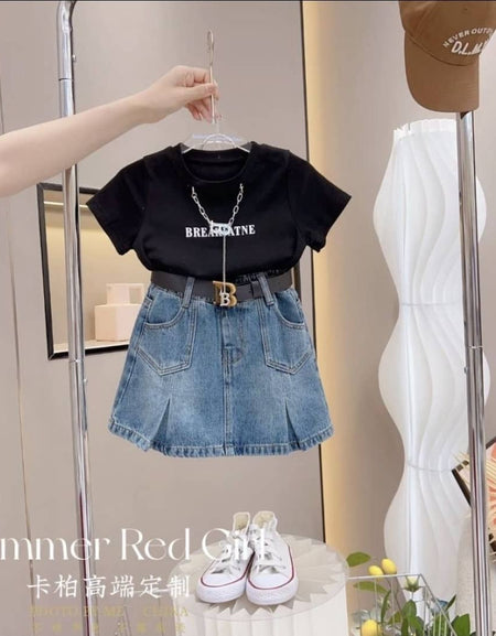 Girls Breaktime Black Tee & Denim Skirt Set