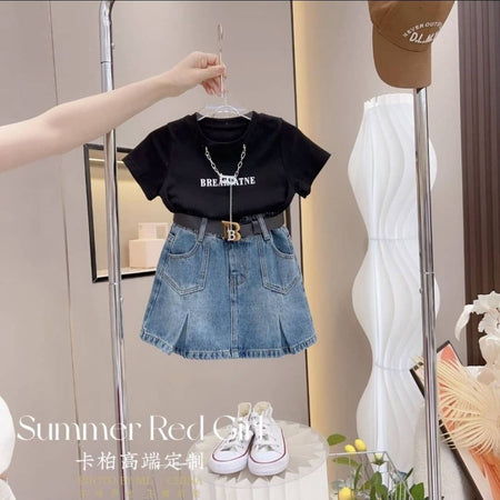 Girls Breaktime Black Tee & Denim Skirt Set