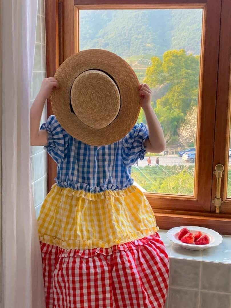 Colorblock Gingham Cotton Tiered Dress