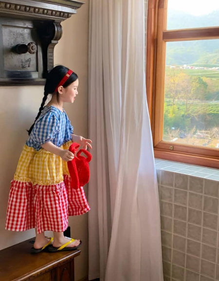 Colorblock Gingham Cotton Tiered Dress