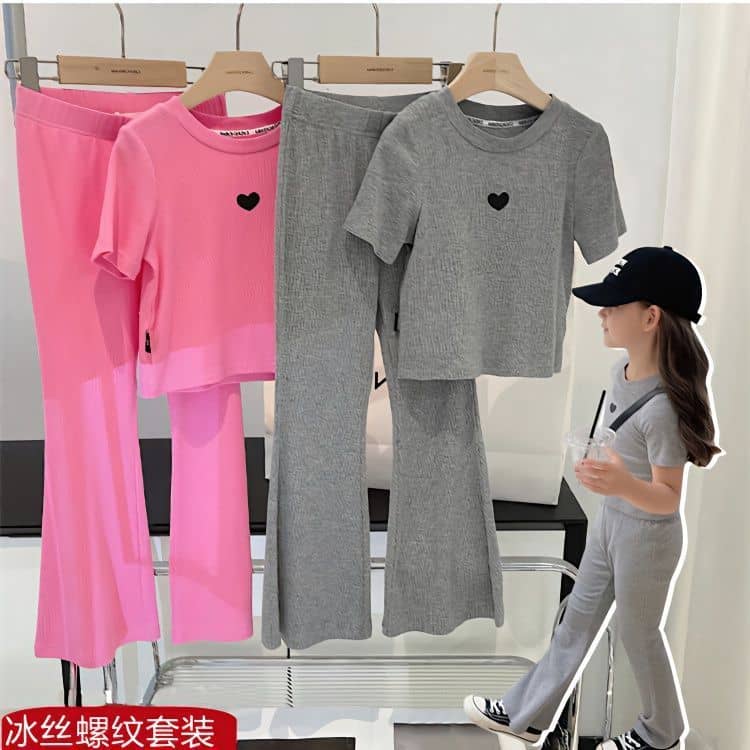 Cute Heart Ribbed Duo T-shirt & Flared Pant Set