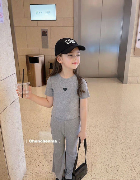 Cute Heart Ribbed Duo T-shirt & Flared Pant Set