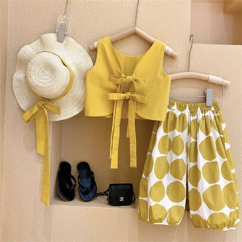 Lemon Zest Summer Set - Bow Top, Polka Pants & Sunhat