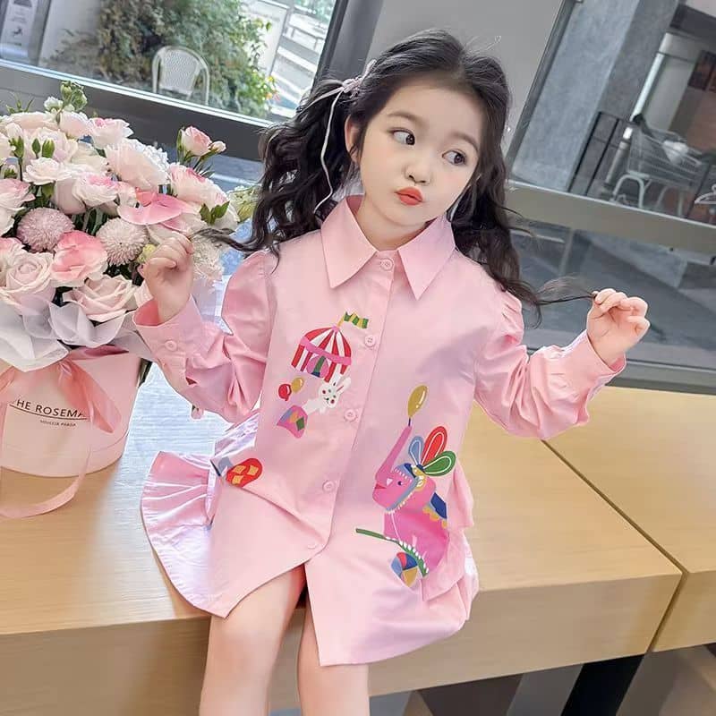 Cute Cartoon Print Shirt Dress with Back Bow