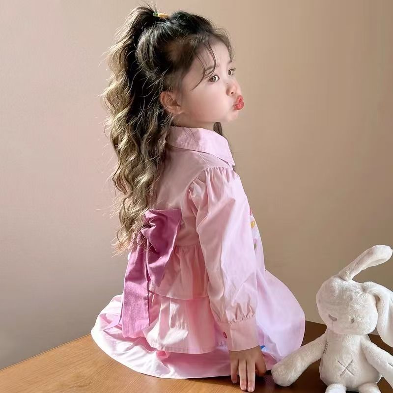 Cute Cartoon Print Shirt Dress with Back Bow