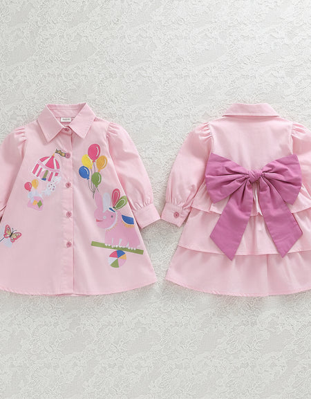 Cute Cartoon Print Shirt Dress with Back Bow
