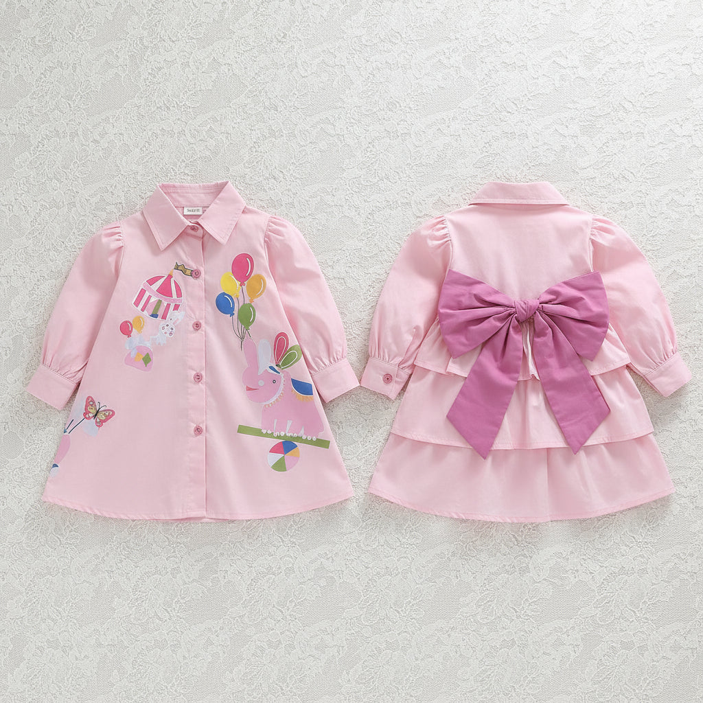 Cute Cartoon Print Shirt Dress with Back Bow