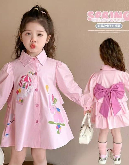 Cute Cartoon Print Shirt Dress with Back Bow