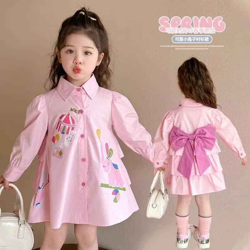 Cute Cartoon Print Shirt Dress with Back Bow