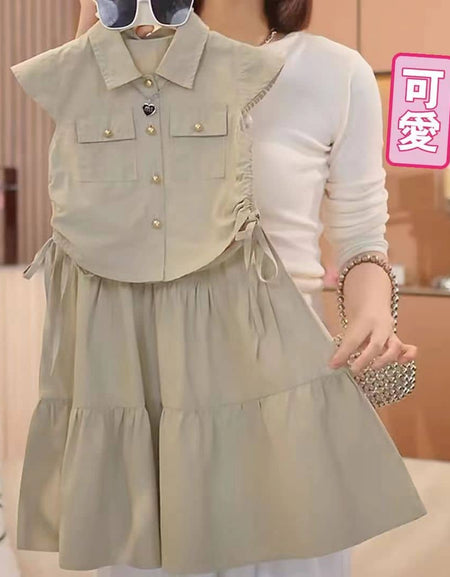 Sand Button-Front Drawstring Shirt & Tiered Midi Skirt Set