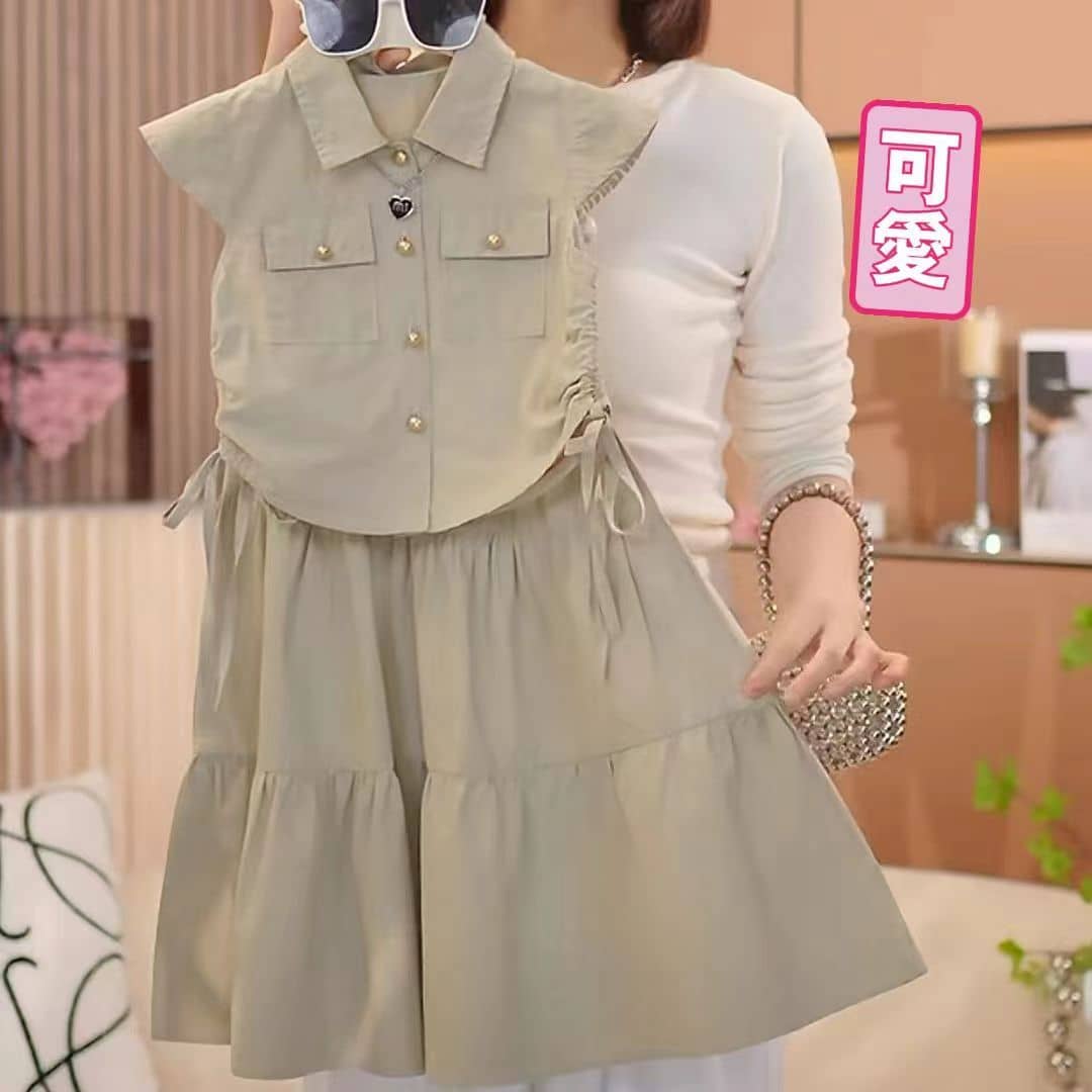 Sand Button-Front Drawstring Shirt & Tiered Midi Skirt Set