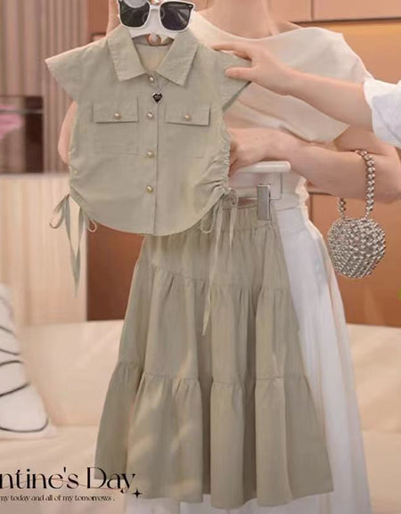 Sand Button-Front Drawstring Shirt & Tiered Midi Skirt Set