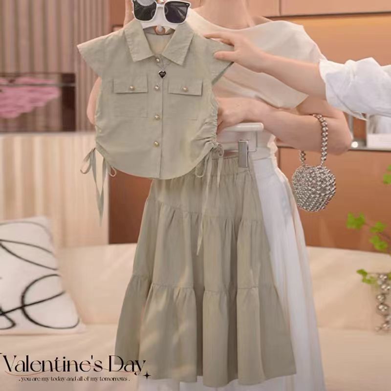 Sand Button-Front Drawstring Shirt & Tiered Midi Skirt Set
