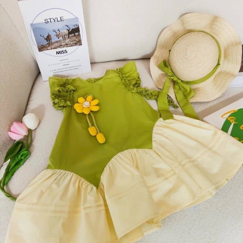 Ruffle Colorblock Dress with Smiley Flower Charm