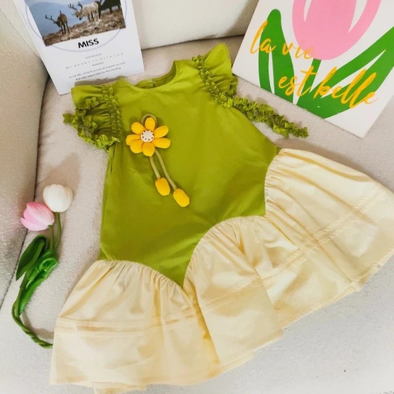 Ruffle Colorblock Dress with Smiley Flower Charm