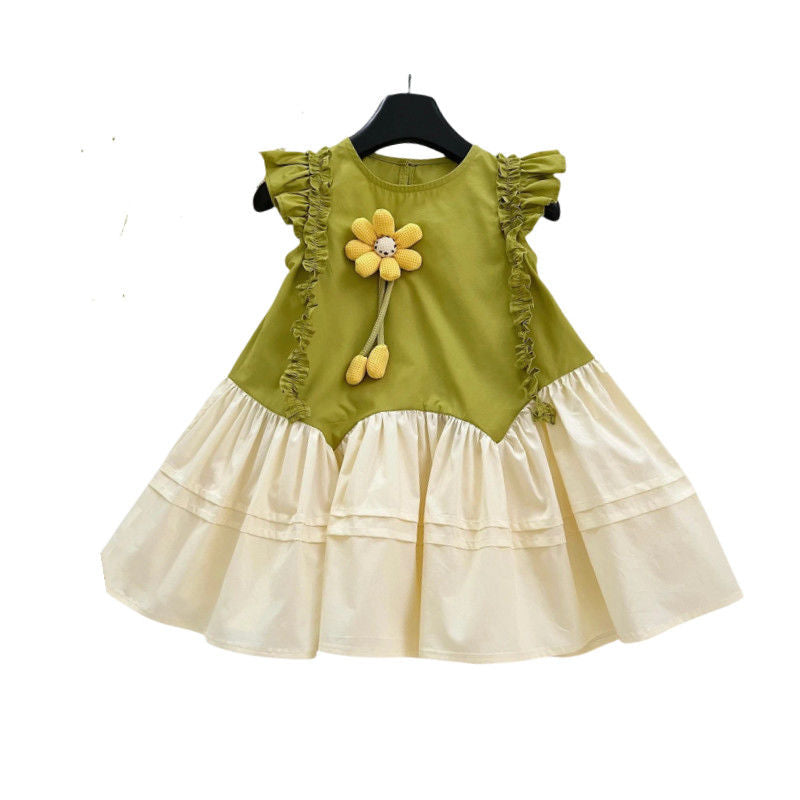 Ruffle Colorblock Dress with Smiley Flower Charm