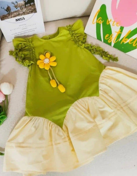 Ruffle Colorblock Dress with Smiley Flower Charm