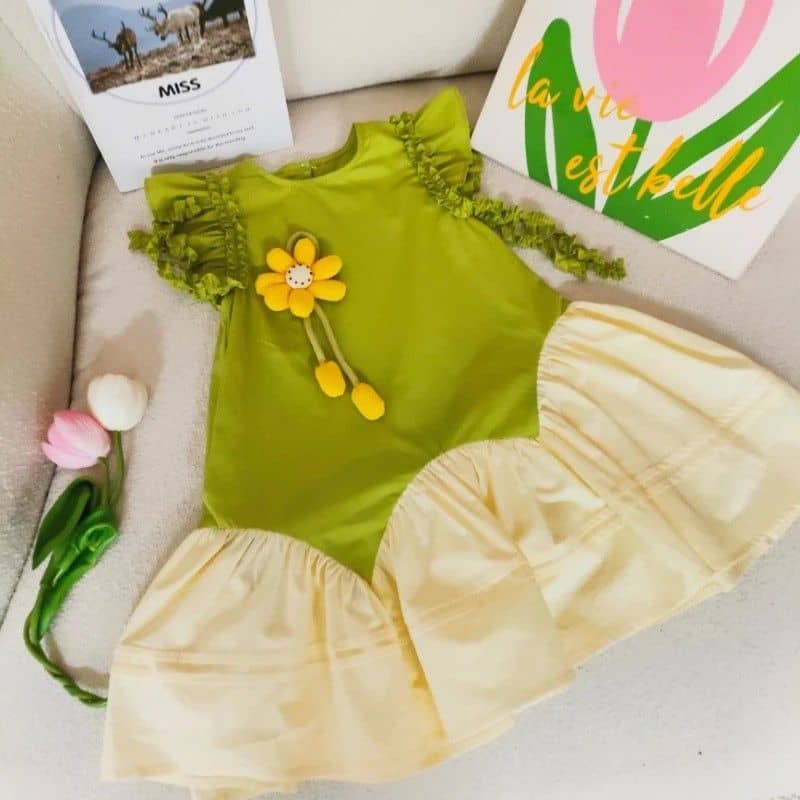 Ruffle Colorblock Dress with Smiley Flower Charm