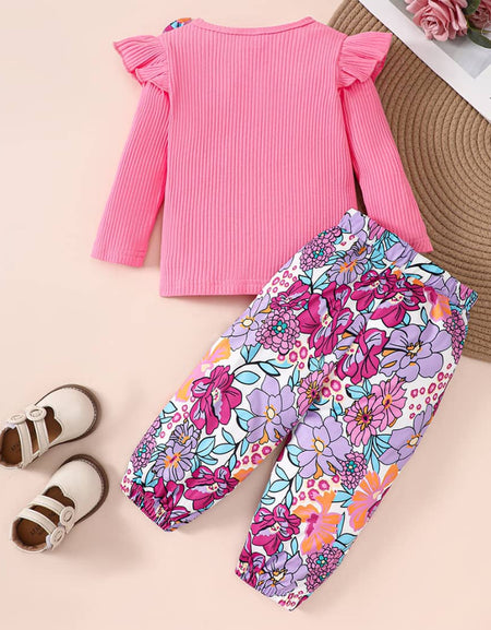 Rosy Ruffle Ribbed Top & Floral Bow Pants Set