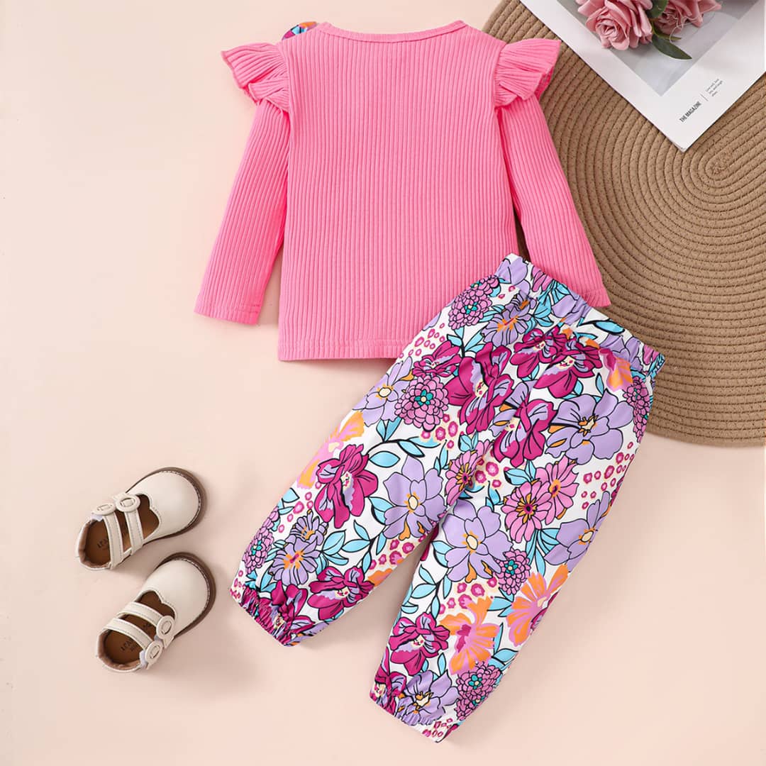 Rosy Ruffle Ribbed Top & Floral Bow Pants Set
