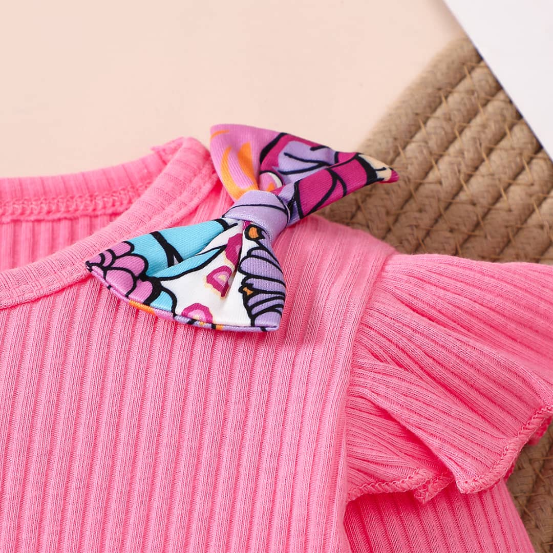 Rosy Ruffle Ribbed Top & Floral Bow Pants Set