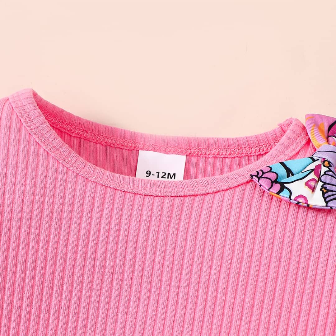 Rosy Ruffle Ribbed Top & Floral Bow Pants Set